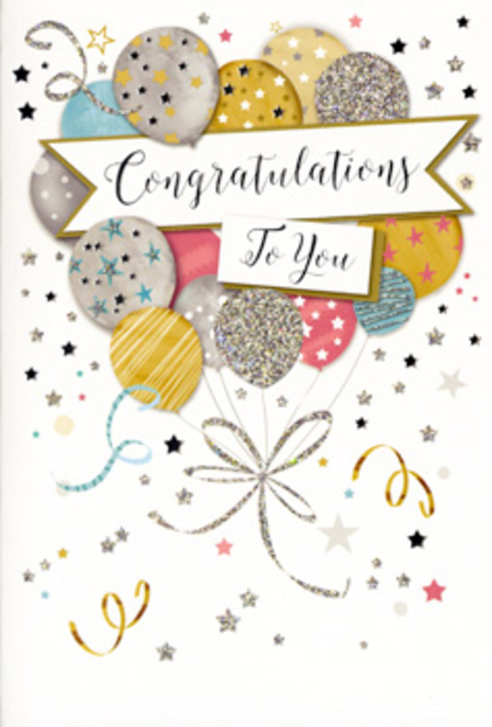 The card in this image embodies the spirit of a joyful celebration, set against a soft, luminous background that allows every detail to shine. Rising from the lower edge is a lush cluster of illustrated balloons, gathered as if hand-tied by an experienced florist who knows how to create height, fullness, and movement. The balloons bloom in shades of brushed gold, silver, champagne, powder blue, delicate pink, and gentle dove grey, their surfaces decorated with tiny twinkling stars, fine stripes, and hints of glitter that mimic the sparkle of evening lights over Hendon's quiet streets. Slim metallic ribbons fall from the base of each balloon, twisting and curving across the front of the card like flowing stems in a bouquet, rendered in bright gold and polished silver lines. Around this central arrangement, the background is dotted with scattered stars, confetti flecks, and playful curls, echoing the spontaneous joy of a surprise party at a Hendon home or a cosy gathering near Brent Street. Cutting through the centre of the design is an elegant banner, softly arched as if caught mid-sway, proudly carrying the words Congratulations To You in stylish, looping script. The lettering feels slightly raised in the imagination, as though embossed, inviting fingertips to trace the words while emotions settle in. Everything about the card feels celebratory but tasteful: the colour palette is sophisticated, the metallic elements glimmer without overwhelming, and the layout gives a sense of upward lift and optimism. It is easy to picture this card accompanying fresh flowers delivered across Hendon, from streets near Sunny Hill Park to homes around Church Road, marking achievements big or small with grace, admiration, and heartfelt delight.