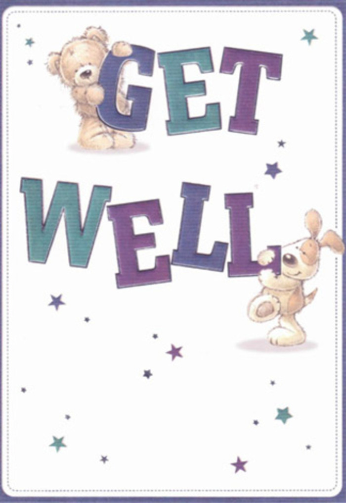 Radiating gentle reassurance, this get well card features the joyful partnership of a cuddly bear and a playful puppy, both engaged in the heartfelt act of sending comfort. Their rounded, affectionate forms are brought to life with soft brushwork and careful shading, suggesting the comforting embrace of a warm blanket on a cool Hendon evening. Flowing shades of purple, indigo, and teal animate the bold lettering, each word projecting positivity against a pristine white background, much like the first fresh blooms displayed in a West Hendon shopfront. Scattered starbursts, twinkling in varied hues, float around the charming pair, infusing the image with hope and good fortune. There's an almost touchable quality to their textures-the bear's coat appears fluffy and inviting, the puppy's ears temptingly velvety. As a long-time florist in Hendon, the thoughtful composition reminds me of balancing tone and scent in a get well bouquet-subtle, uplifting, and tailored for comfort. This card, paired with a carefully chosen vase of local blooms, becomes a touching gesture, sure to uplift spirits and foster connection throughout the Hendon neighbourhood.