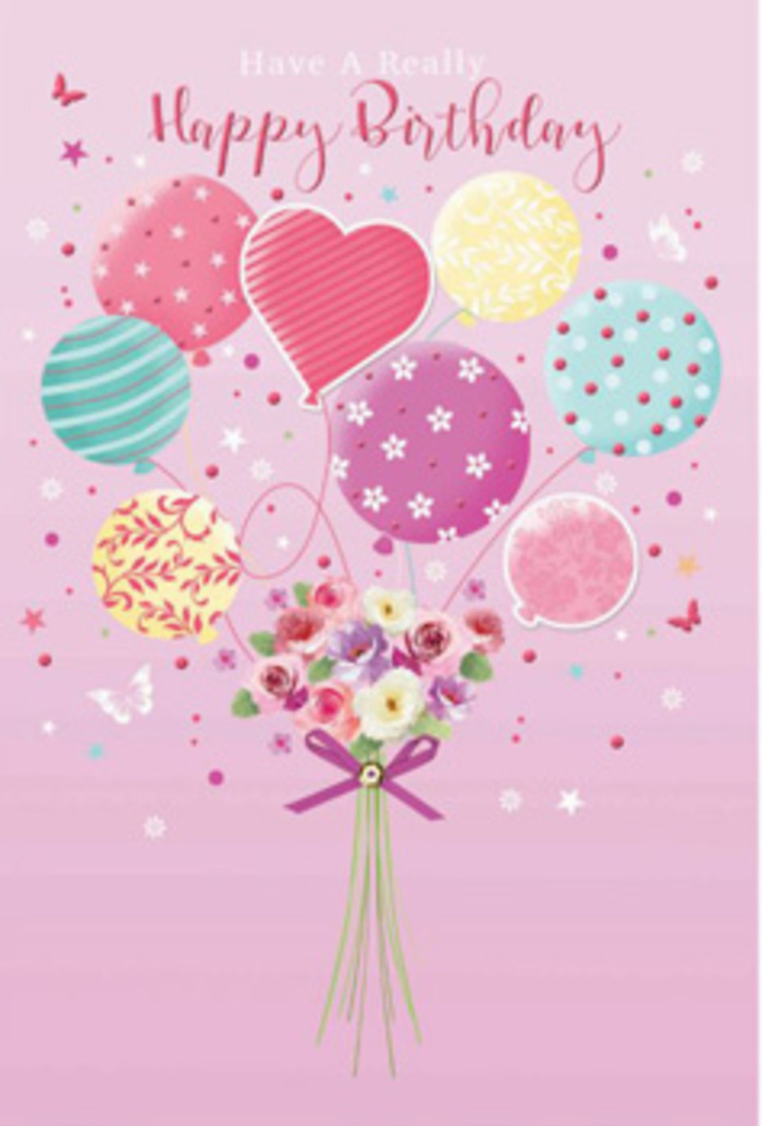 In this detailed birthday card illustration, a pastel balloon bouquet and a delicate cluster of flowers combine to create a scene of gentle celebration, as if designed for a joyful gathering just off Hendon Way. The background is a soft, powdery pink that fades slightly at the edges, giving the impression of light drifting in from an unseen window. At the centre, balloons in pale pink, sea green, butter yellow, and lilac rise together, each one decorated differently: some wear playful candy stripes that twist upward, others are dotted with cheerful polka spots, and a central heart-shaped balloon radiates affection with subtle patterns and shading. Their ribbons tumble downward in fine lines until they meet a small hand-tied bouquet at the base. This floral cluster is composed of petite roses and daisy-like blossoms in creamy ivory, blush pink, and dusty mauve, with a few tiny filler flowers peeking between them. The petals look soft and layered, as if they've been freshly arranged by an experienced Hendon florist right off Brent Street, who knows how to balance colour and texture for a birthday surprise. A rich purple satin bow wraps around the gathered stems, its shine catching the imaginary light much like evening reflections along the nearby Welsh Harp. A sprinkling of miniature stars and a few whimsical butterflies hover around the balloons and blooms, adding a sense of dreaminess, almost like a birthday daydream set over Hendon's rooftops. The overall feeling is one of simple, heartfelt joy: a floating symbol of good wishes, warmth, and celebration designed to make any local birthday feel just a bit more magical.