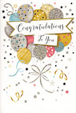In this refined congratulations card, celebration is captured through a graceful arrangement of balloons, ribbons, and stars that seem to float upward in a gentle, shimmering arc. The design centres on a bouquet of rounded balloons clustered together, each one a different blend of soft gold, champagne, silver, pale blue, blush pink, and light grey, like a pastel sunrise over Hendon on a clear morning. Their glossy surfaces are embellished with delicate metallic details-tiny stars scattered like constellations, slim horizontal stripes, and fine swirls of glitter that catch the eye. Slender ribbons trail from the balloons, drawn in twisting lines of gold and silver that ripple across the card's surface like party streamers drifting above a celebration in a Hendon living room or at a favourite local café. The background remains airy and pale, sprinkled with small stars, confetti dots, and looping curls that add a sense of motion, as if the whole scene is gently stirred by an unseen breeze. Floating across the middle is a softly unfurled banner, its ends curling slightly, bearing the message Congratulations To You in elegant, flowing calligraphy. The script looks thoughtful rather than loud, conveying warmth, respect, and pride without a single exclamation mark. The overall mood is of lightness and joy, a quiet but unmistakable festivity that suits many occasions-exam successes at nearby schools, new jobs, promotions, or any personal triumph. Imagined in the hands of someone in Hendon, delivered alongside a fresh bouquet, this card becomes a tactile token of shared happiness, capturing the feeling of saying, Your achievement truly matters to us.
