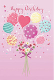 This birthday card scene depicts a floating celebration of balloons and blooms that feels perfectly at home in Hendon, like a festive moment paused above Church Road on a mild spring day. The background is a gentle, dusky pink wash, soft and soothing, allowing the central design to shine. Rising upward is a bunch of pastel balloons in shades of tender pink, cool seafoam, lemon sorbet, and lilac. Each balloon has its own distinct pattern - swirling stripes that mimic curled ribbon, playful polka dots that seem to bounce, and delicate floral motifs - with a prominent heart-shaped balloon nestled at the centre, suggesting warmth and affection. All the balloon strings taper down to a neatly bound bouquet at the base. Here, a mix of small roses and anemone-like flowers in ivory, blush, and pale mauve cluster closely, their petals layered and feathery, as if lovingly arranged by a nearby Hendon florist early in the morning. Their colouring mirrors the balloons above, bringing harmony to the design. A glossy violet bow wraps tightly around the green stems, its loops crisp and sparkling with reflected light. Around the arrangement, tiny stars twinkle and a few butterflies flutter by, lending a hint of storybook magic, as though a birthday wish has taken physical form. The composition balances playful charm with gentle elegance, evoking the feeling of receiving a hand-delivered birthday bouquet and balloon bundle somewhere between Hendon Central and the quiet residential lanes that surround it.