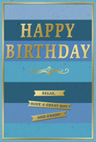 This birthday card presents a beautifully balanced mix of serenity and celebration, its design built on wide horizontal bands of blue that drift from deep navy through denim and teal to the palest sky, like layers of gentle cloud over Hendon on a clear afternoon. At the center, in proud, embossed capital letters, the words HAPPY BIRTHDAY sit in rich metallic gold, their surface catching the light with a polished but understated glow. Just below, a graceful golden flourish unfurls, providing a decorative bridge between the main greeting and the warmer, more intimate message below. Three neat golden banners are stacked in a tidy vertical arrangement, each one edged with fine lines and carrying part of a simple birthday invitation: Relax, have a great day and enjoy! The lettering is clear and elegant, suggesting a calm, friendly voice. A slim gold border runs around the very edge of the card, holding the composition together and giving it a framed, almost gallery-like quality. The card appears to be printed on smooth, substantial stock with a matte finish, making the raised, shiny gold elements even more noticeable to the touch. You could imagine this card standing on a mantel in a Hendon home, beside a fresh bouquet delivered that morning, the cool blues echoing the flowers' petals and the gold reflecting the glow of indoor lamps as friends gather later. It feels like a thoughtful, refined way to mark a birthday-quietly joyful, gently luxurious, and ideal for someone who appreciates both beauty and a sense of calm on their special day.